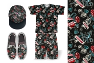 Colorful retro tattoo pattern printing on t-shirt, cap, shorts and espadrilles