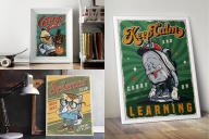 Colorful vintage college posters mockups standing on tables and floor
