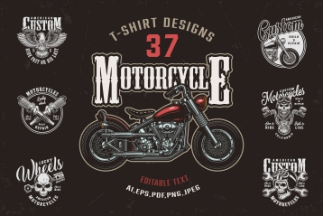 Cover of 37 vintage custom motorcycle t-shirt designs with colorful motorbike and motorcycle monochrome style emblems and badges 