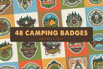 Cover of 48 vintage camping badges with colorful outdoor recreation emblems, prints and labels