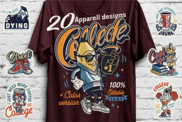 20 vintage apparel college designs cover with funny pencil character printing on t-shirt and colorful college emblems, labels, badges on light wall background