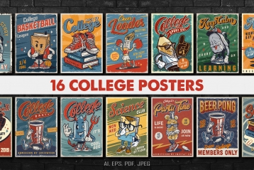 16 vintage college posters cover with carousels of colorful brochures
