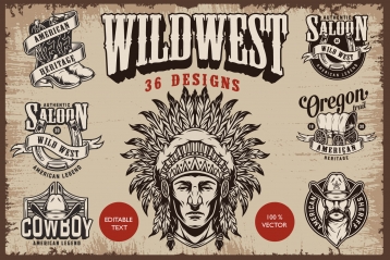 36 authentic Wild West designs cover with American Indian chief head in feathers headwear and monochrome style emblems, labels and badges 