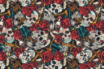 Day of the dead seamless pattern with skull, roses