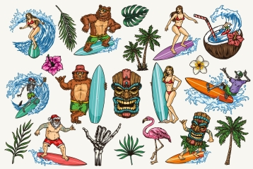 21 Surfing colored illustrations on light background