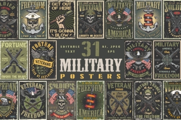31 Military posters bundle cover with different illustrations and text