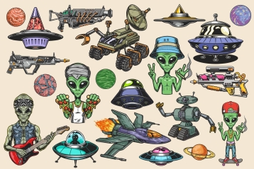 21 UFO colored illustrations on light background