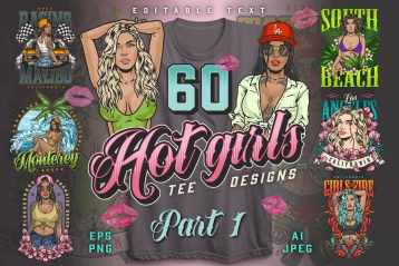 Hot Girls bundle cover of 60 t-shirt designs with different illustrations and text