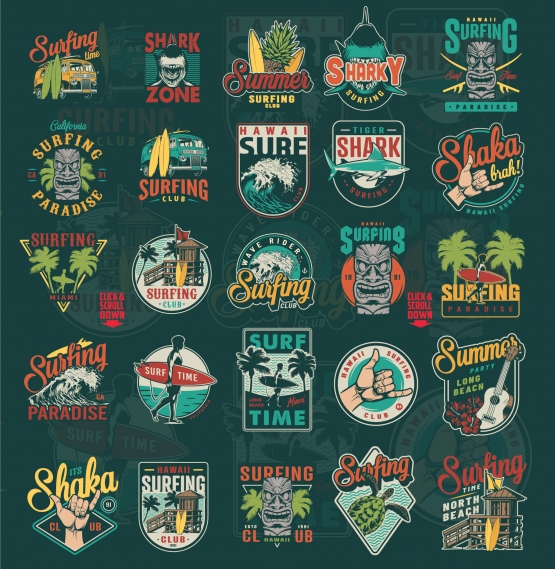 Old school style Hawaii surfing colorful emblems with surf bus, surfboards, wooden house of surf club on sea shore, Hawaiian traditional elements, sea waves, flowers, fruits, shark, turtle on dark green background