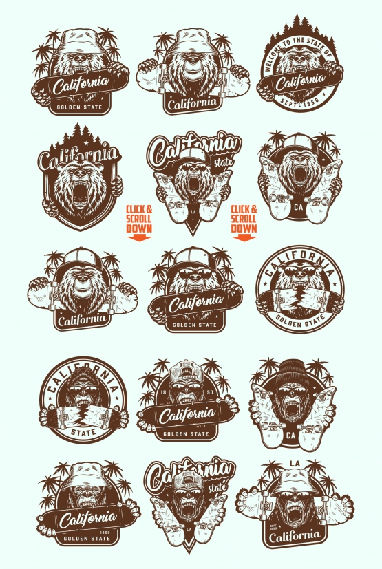 Vintage California summer emblems with angry bear and gorilla heads in different headwears with skateboards in monochrome style