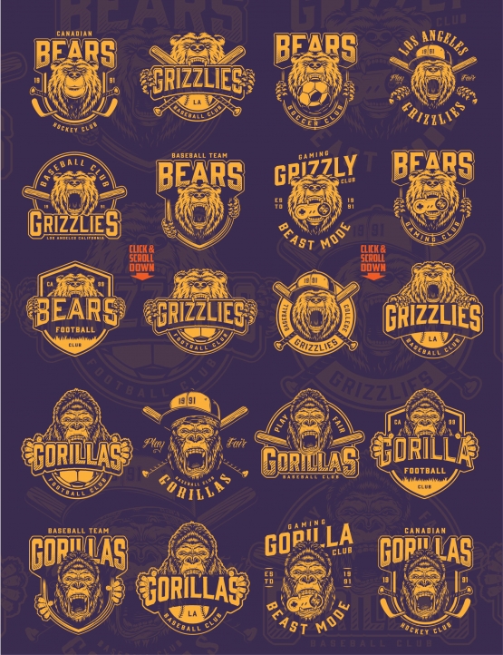 Vintage sport teams emblems collection with ferocious gorilla and bear mascots of football, hockey, baseball and gaming clubs in monochrome style