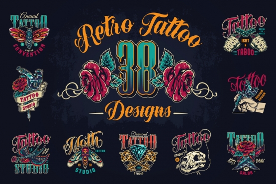 38 retro tattoo designs cover with butterfly, hand holding tattoo machine, crossed military knives, cat skull, diamond, crossed medieval elegant keys, moth and swallow with rose colorful emblems and labels