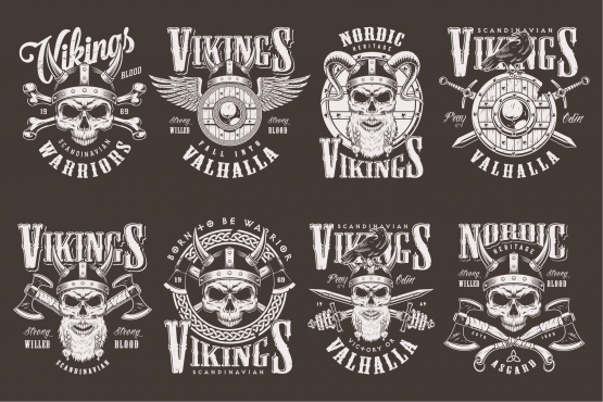 Vintage style Viking emblems collection with barbarian skulls in horned helmet, wooden shield, swords, axes on dark background