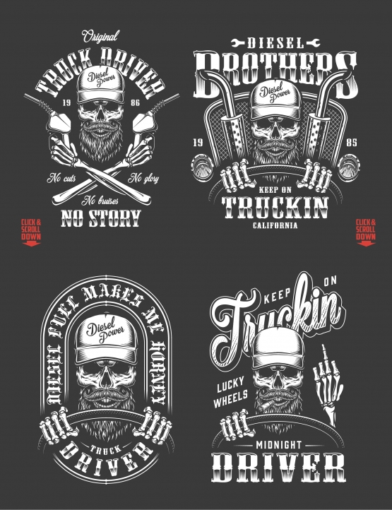 Old school style truck driver prints set with trucker skulls, holding steering wheel and fuel pump in monochrome style on dark background