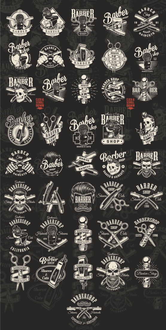 Old school style barbershop labels with barber pole, scissors, razors, shaving brush, electric hair clipper, comfortable chair, blade, hipster skulls and other elements on dark background