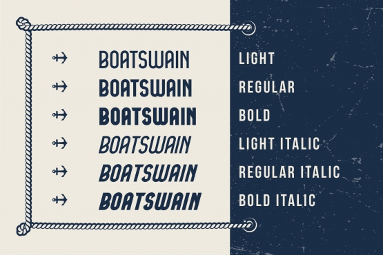 Cover of Boatswain font in light, regular, bold, light italic, regular italic, bold italic styles
