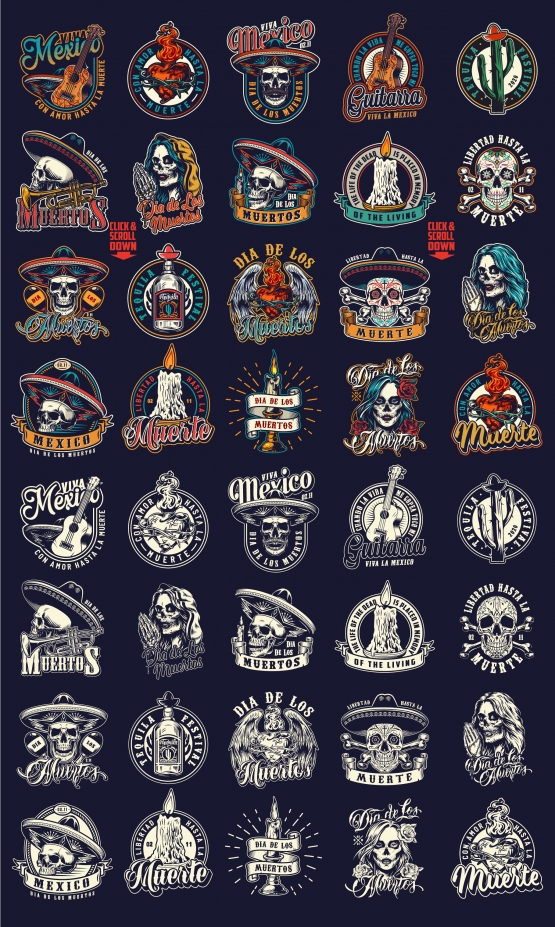 Old school style Dia De Los Muertos emblems collection with monochrome and colorful prints on dark background