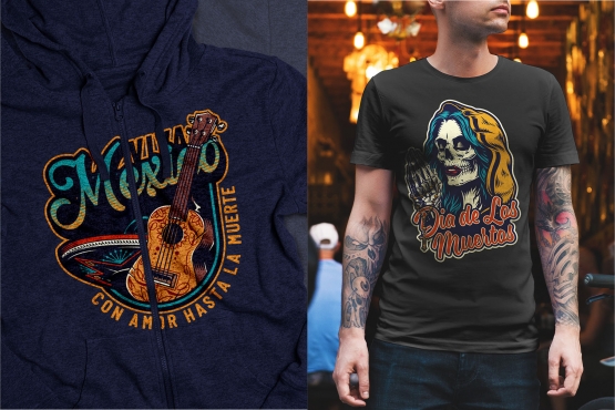 Colorful Day of the Dead mockups concept with vintage emblems printing on t-shirt and hoodie