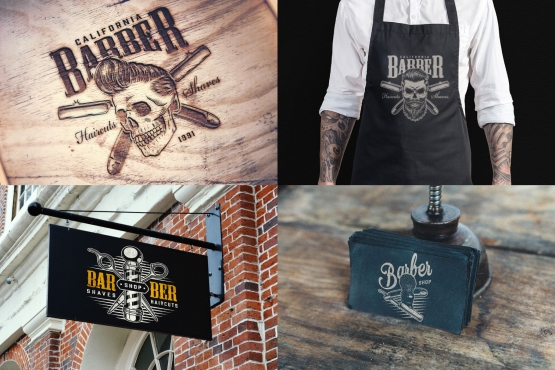 Vintage barbershop mockups composition with barbershop emblems and logos, using for printing on barber apron, business card, signboard and wooden surface