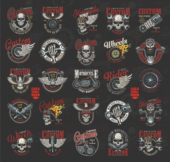Old school style motorcycle emblems with colorful moto badges, prints and labels on dark background
