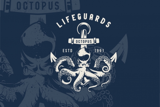 Monochrome sea life emblem with octopus in vintage style