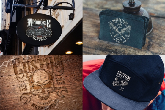 Motorcycle mockups composition with vintage moto emblems using for signboard, business card, wooden surface and cap design