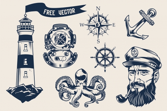Vintage monochrome nautical elements set with bearded and mustached sea captain smoking pipe, lighthouse, ship anchor, navigational compass, octopus, diver helmet, rudder