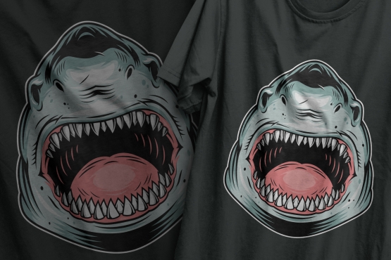 The old school style colorful design of aggressive ferocious shark printing on t-shirts