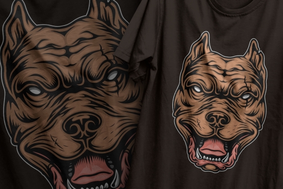 The old school style colorful design of serious bloodthirsty pitbull head printing on t-shirts