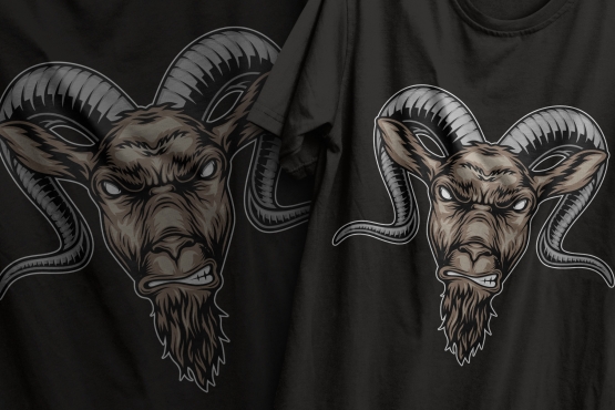 Colorful design of angry cruel goat head in vintage style printing on t-shirts