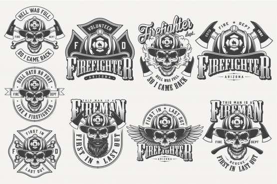 Firefighter vintage monochrome emblems. Vector art