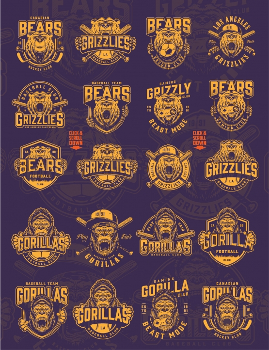 Old school style sporting prints collection with different emblems and labels for baseball, hockey, soccer and gaming clubs