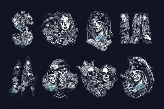 Six Chicano tattoo style designs created using vector illustrations of Chicano girls, skulls, gangster and tattoo elements