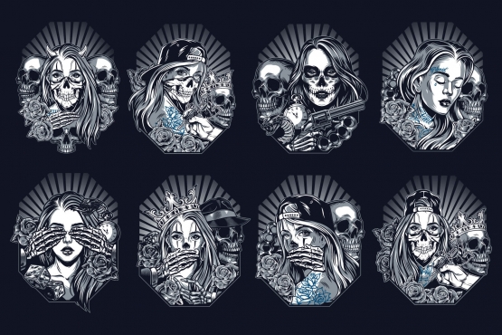 Six Chicano tattoo style designs created using vector illustrations of Chicano girls, skulls, gangster and tattoo elements