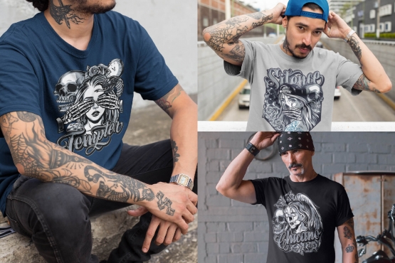 Examples of usage Chicano tattoo style designs on three t-shirt mockups with tattooed men