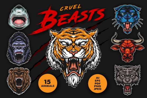The cover of cruel beasts vintage designs set with angry bloodthirsty shark, gorilla, bear, black panther, bull, wolf, tiger heads