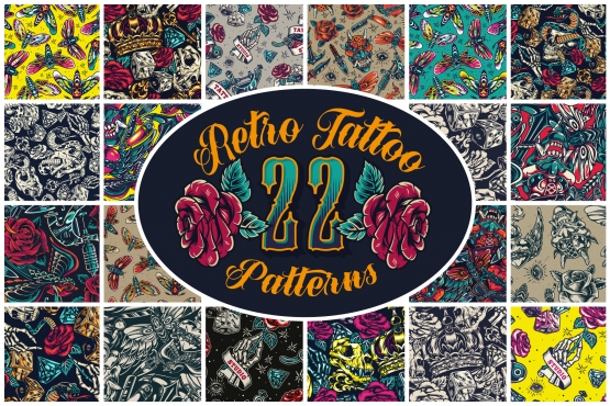 22 retro tattoo patterns cover with twenty-two number and beautiful rose flowers