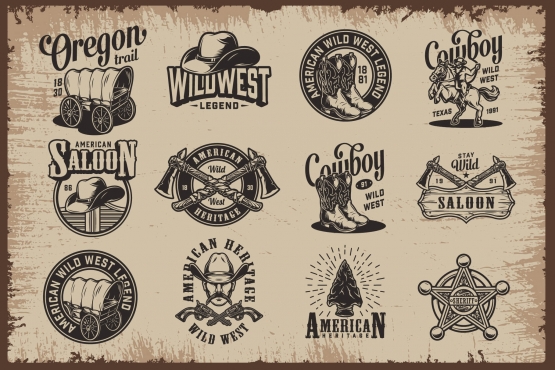 12 Wild West authentic designs with cowboy attributes, rodeo, horseshoe, smoking pipes, sheriff badges elements