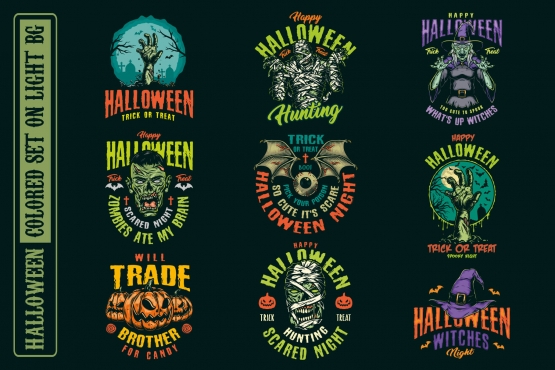 9 Halloween colored designs on dark background with different vector illustrations and text
