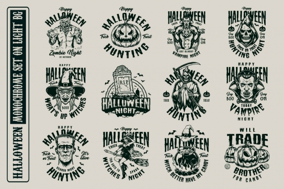 12 Halloween monochrome designs on light background with different vector illustrations and text