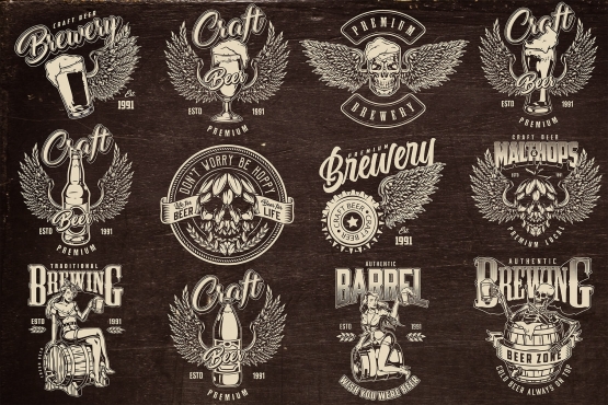 12 beer black and white designs on dark background with different vector illustrations and text