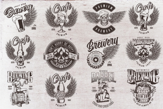 12 beer black and white designs on light background with different vector illustrations and text