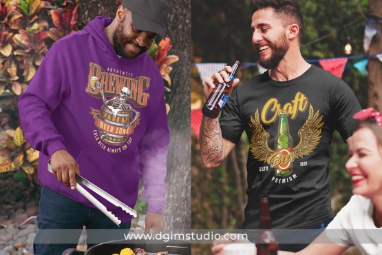 2 beer t-shirt designs mockups with people outdoor