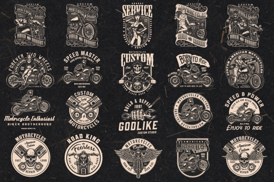 20 motorcycle black and white designs on dark background with different vector illustrations and text