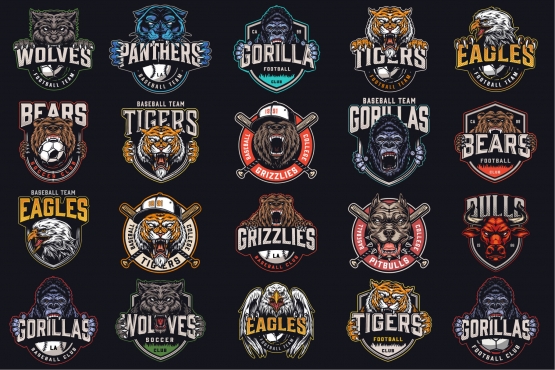 20 Sport colored logos on dark background with different vector illustrations and text