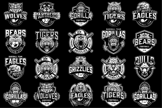 20 Sport black and white logos on dark background with different vector illustrations and text