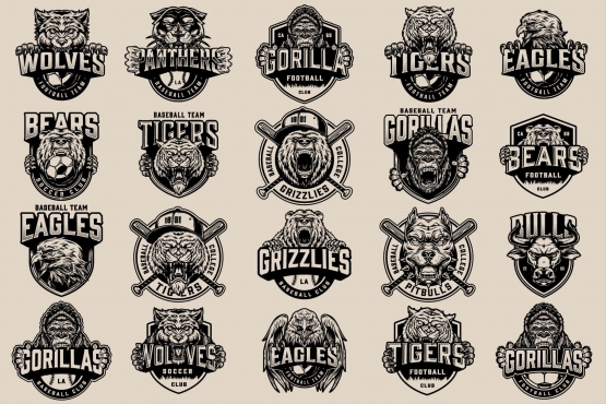 20 Sport black and white logos on light background with different vector illustrations and text