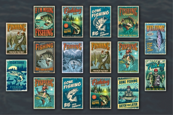 16 Fishing colored posters on dark background with different vector illustrations and text