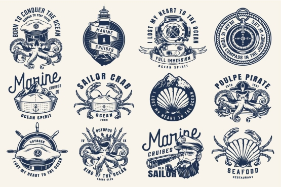 12 Nautical black and white designs on light background with different vector illustrations and text