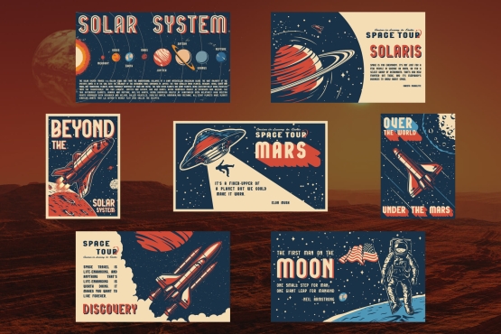 7 Retro space colored posters on dark background with different vector illustrations and text